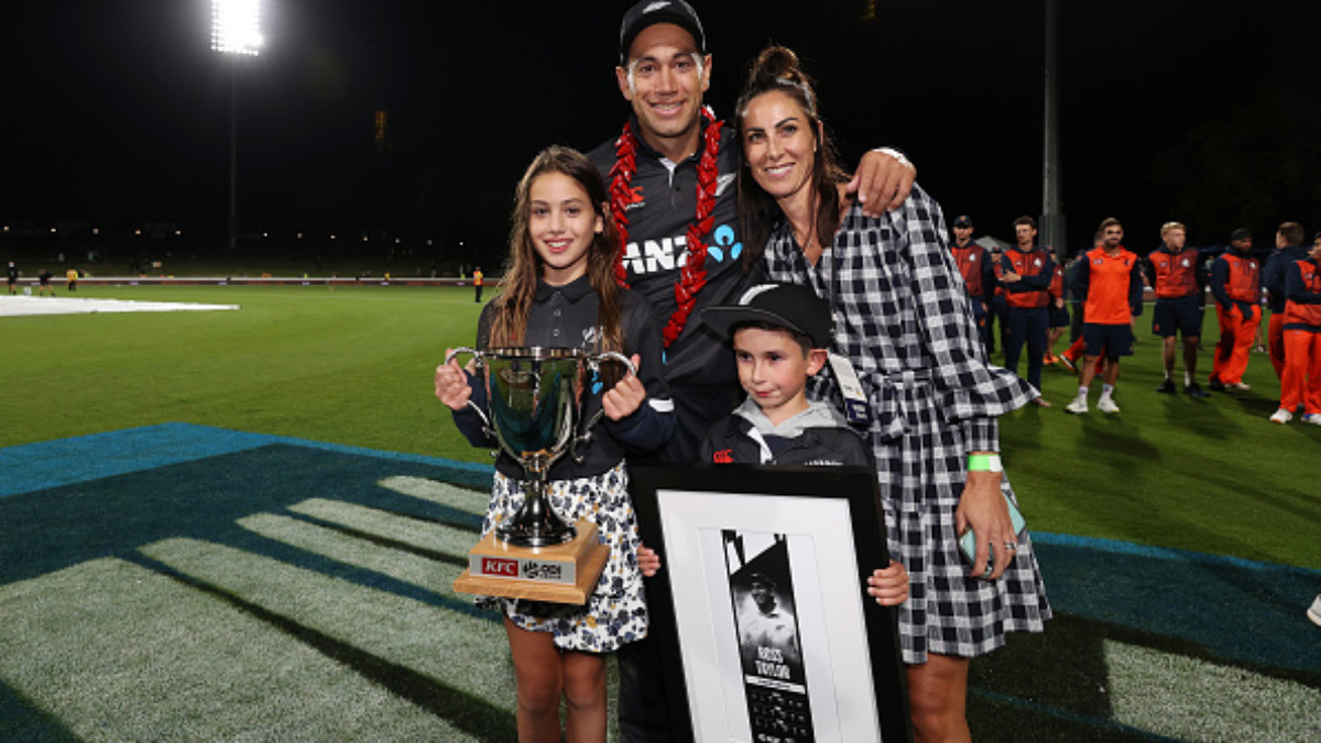 Ross Taylor along with his family, wife Victoria Brown and children Mackenzie (L) and Jonty during the third and final ODI between New Zealand and the Netherlands at Seddon Park on Monday.