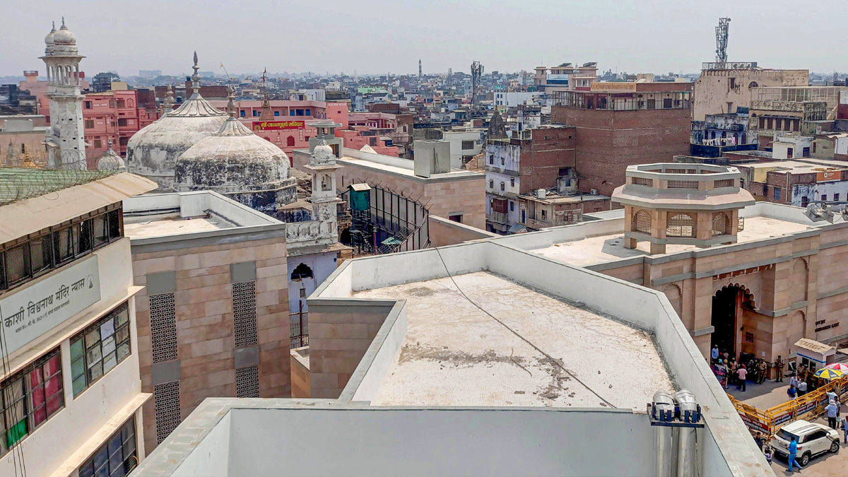 View of Kashi Vishwanath Temple Dham and Gyanvapi Masjid complex, in Varanasi