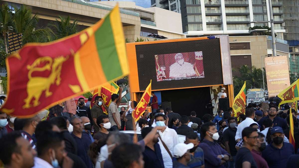 Colombo: Sri Lankans protest demanding president Gotabaya Rajapaksa resign as his speeches are projected on a giant screen at the ongoing protest site outside presidents office in Colombo.