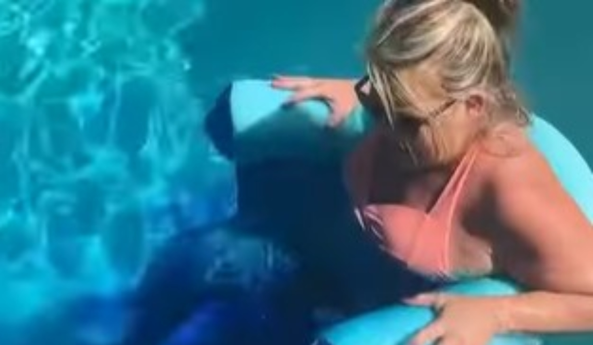 Woman pees in swimming pool thinking no