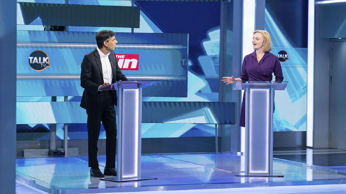 Liz Truss, right, and Rishi Sunak during The Sun's Showdown: The Fight for No10, the latest head-to-head debate for the Conservative Party leader candidates, at TalkTV's Ealing Studios, west London, Tuesday July 26, 2022. 