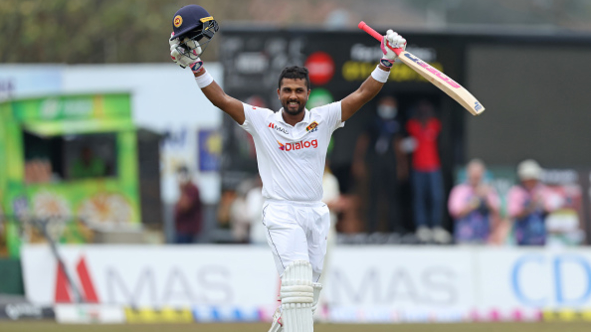 Dinesh Chandimal celebrates after reaching his century. 