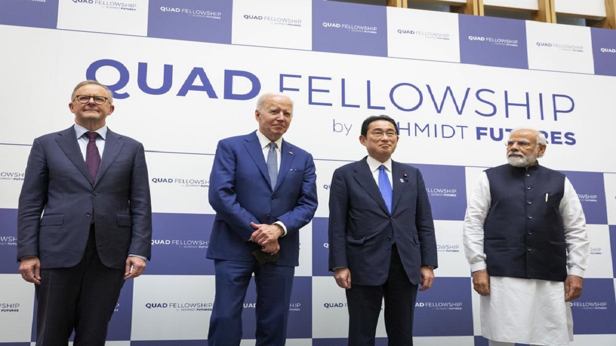 From left, Australian Prime Minister Anthony Albanese, U.S. President Joe Biden, Japanese Prime Minister Fumio Kishida and Indian Prime Minister Narendra Modi attend the Japan-U.S.-Australia-India Fellowship Founding Celebration event in Tokyo Tuesday, May 24, 2022. 
