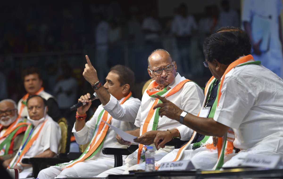 NCP Chief Sharad Pawar with party leader Praful Patel and others during the party’s national council meeting, in New Delhi on Sunday, Sept. 11, 2022. 
