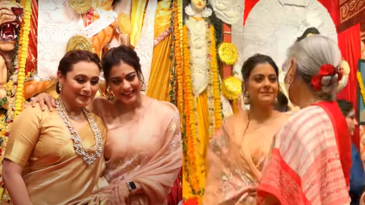 Durga Puja 2022: Kajol poses with Rani Mukerji, teases Jaya Bachchan for not removing her mask | WATCH