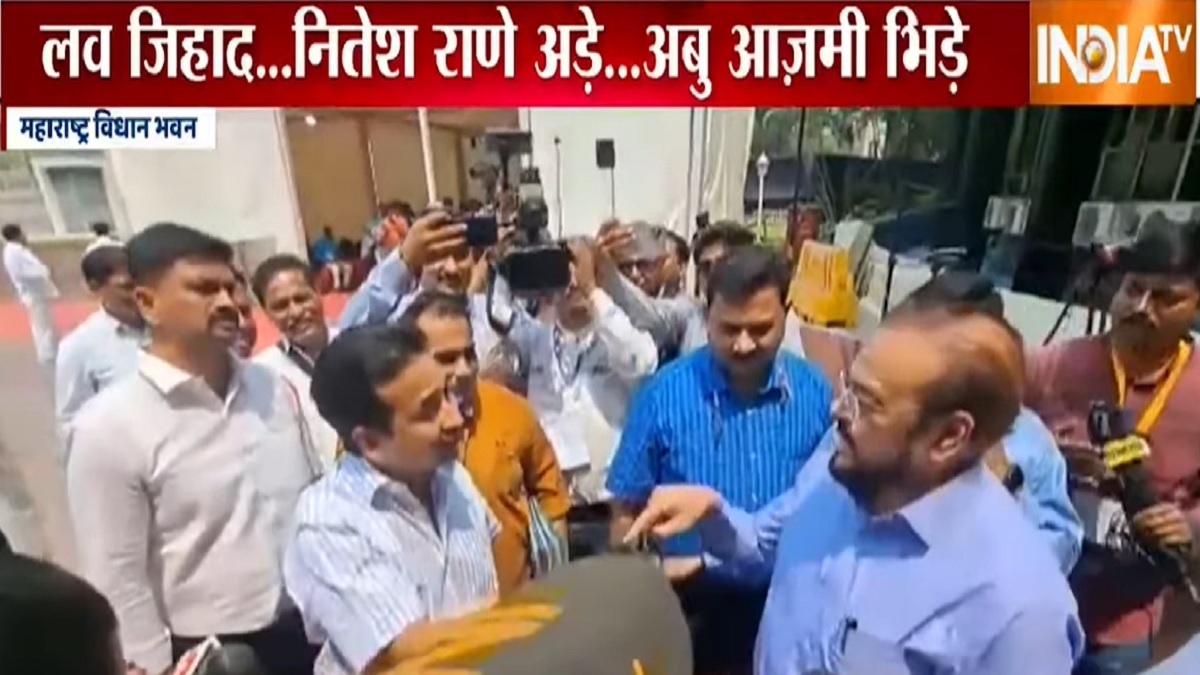 Maharashtra: Heated argument between Nitish Rane, Abu Azmi outside Vidhan Bhavan over love-jihad | WATCH