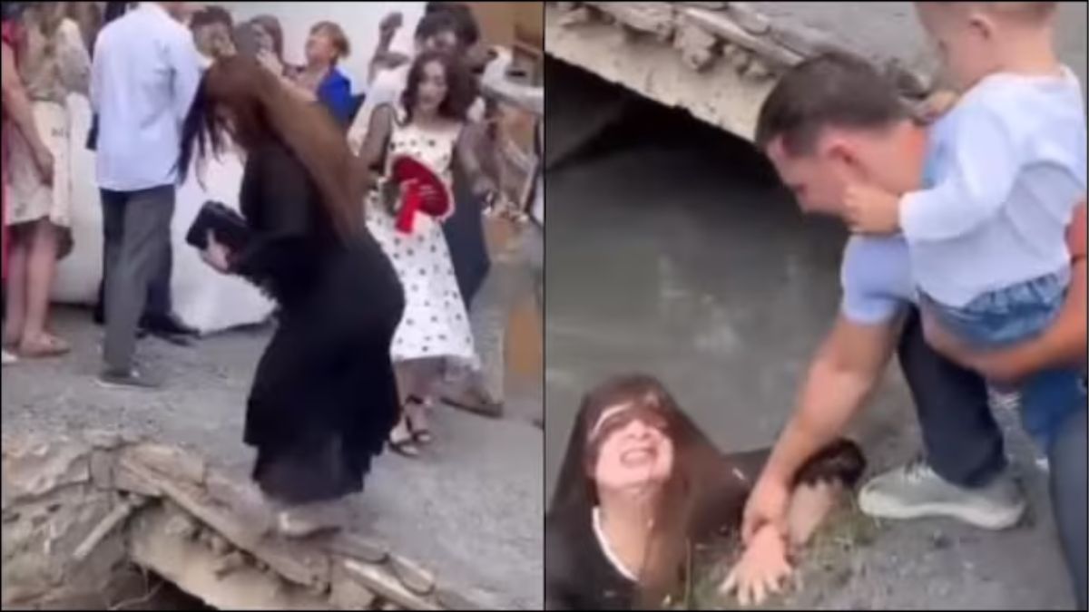 Woman falls into drain while clicking photos of bride and groom on phone. Watch