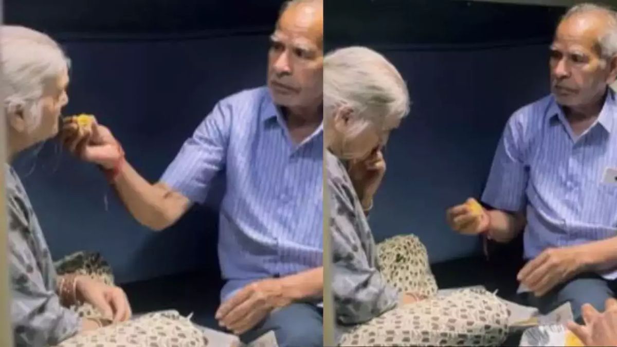 Elderly husband's loving care for sick wife on train shows what true love means. Watch