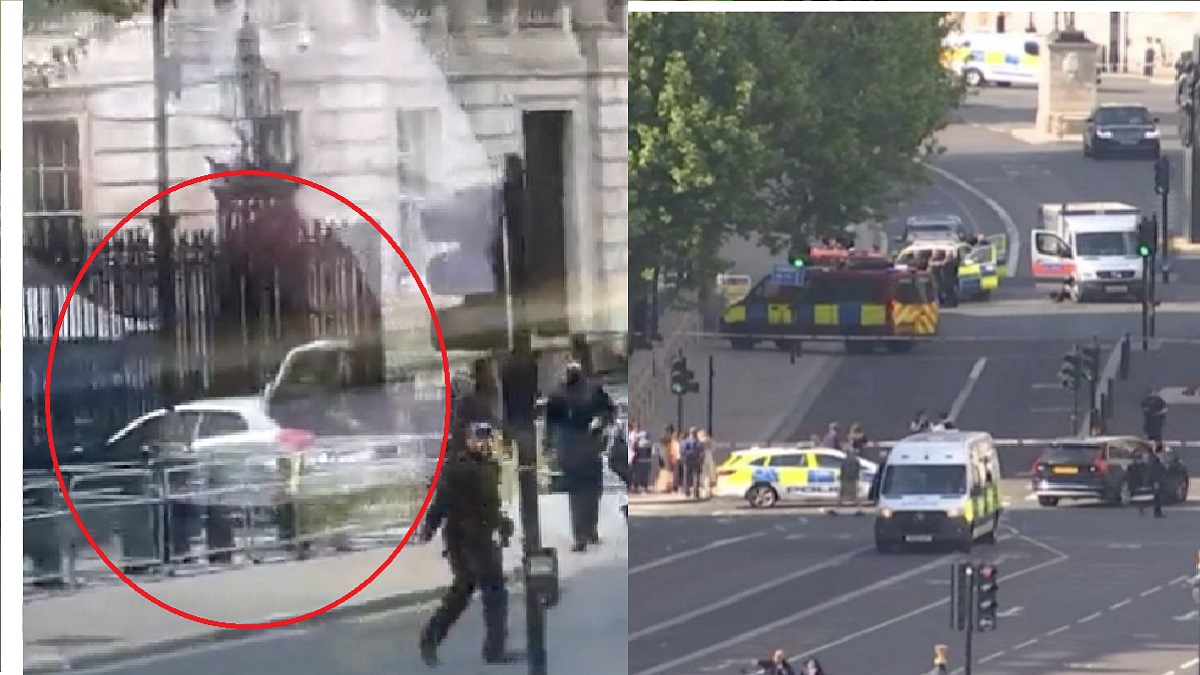 लंदन: कार डाउनिंग स्ट्रीट के सामने वाले गेट से टकरा गई, जहां यूके के पीएम ऋषि सुनक का ऑफिस है