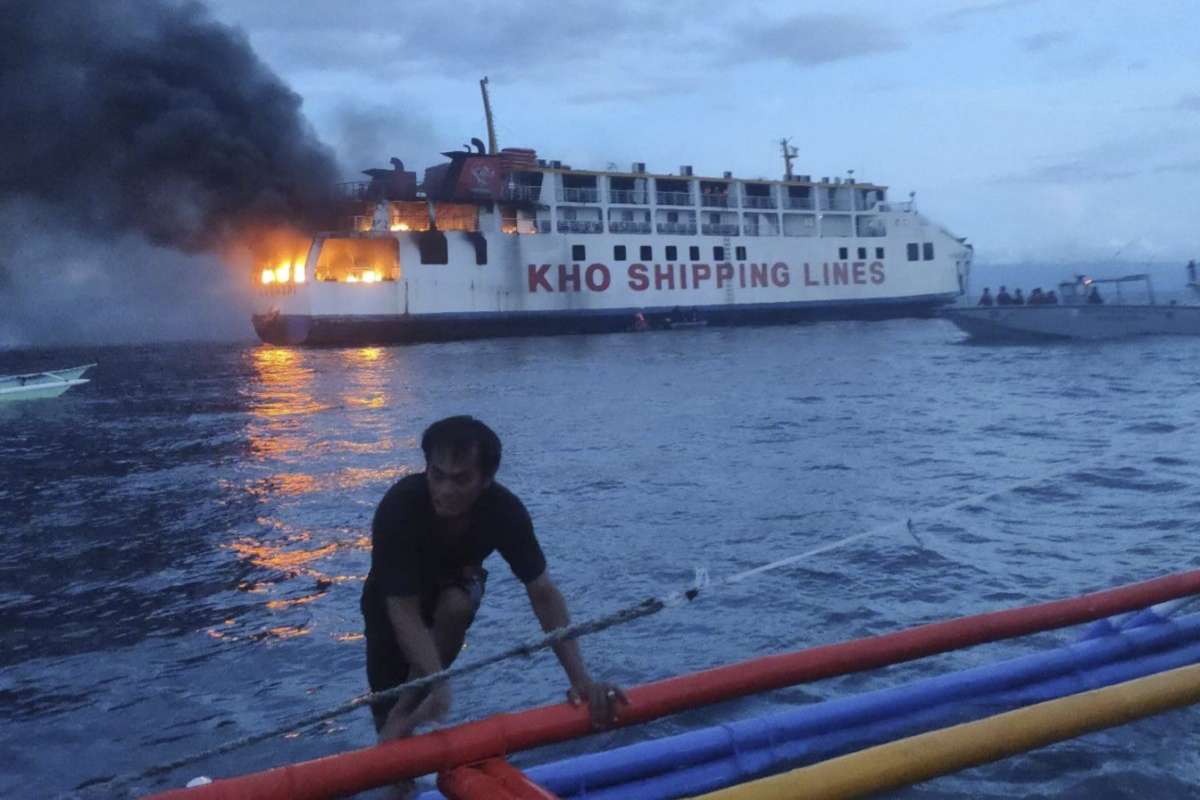 Philippine ship with 120 people on board catches fire I WATCH VIDEO