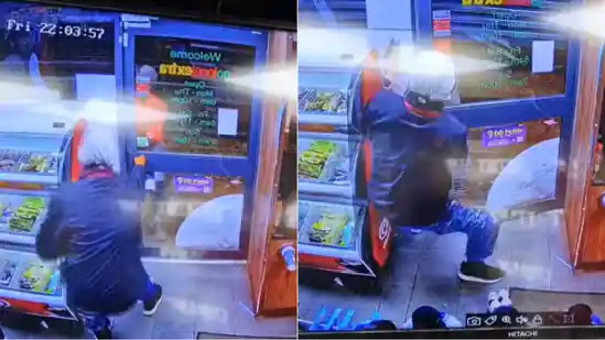 Beer thief threatens shopkeeper with knife, gets locked inside store. Watch what happens next