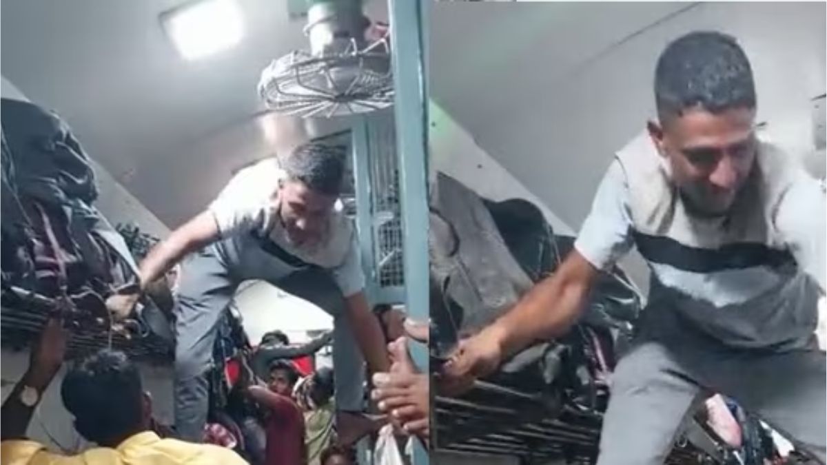 Man forced to walk on seats to reach toilet in jam-packed train. Watch