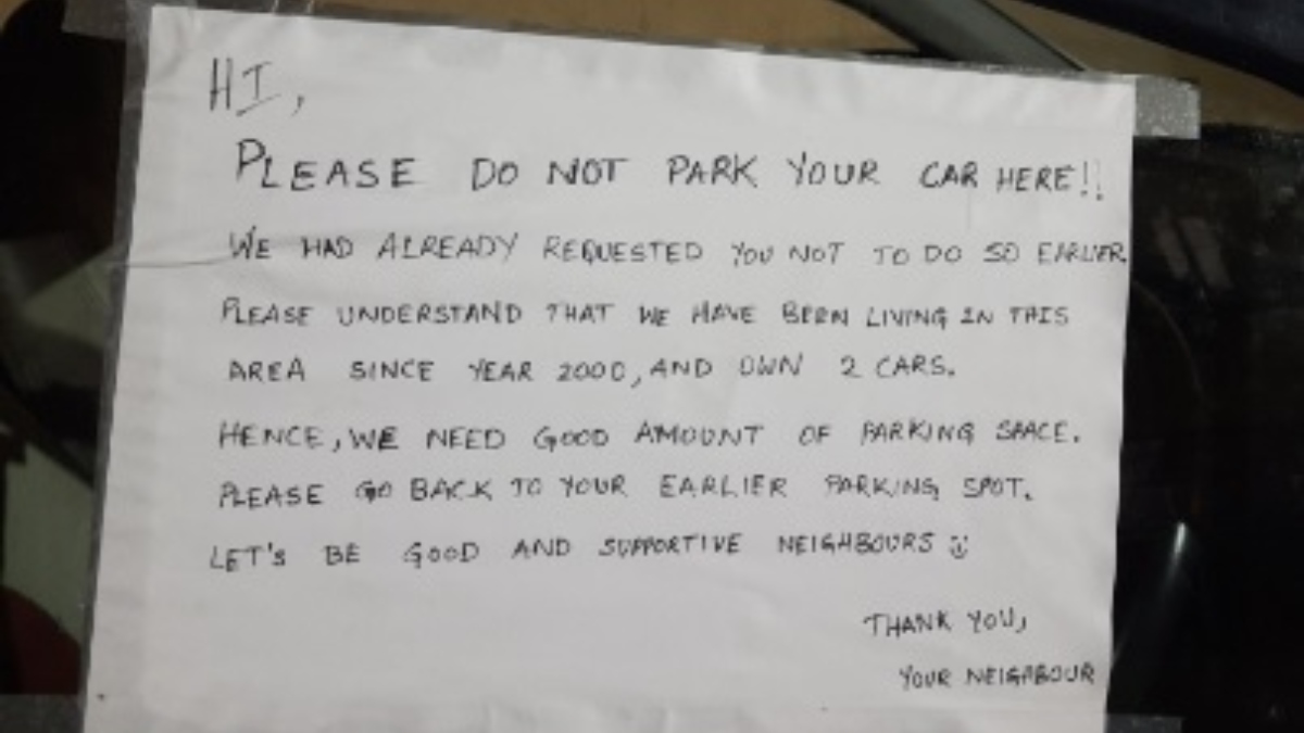 Bengaluru man finds polite note over car parking; Delhi-NCR residents react