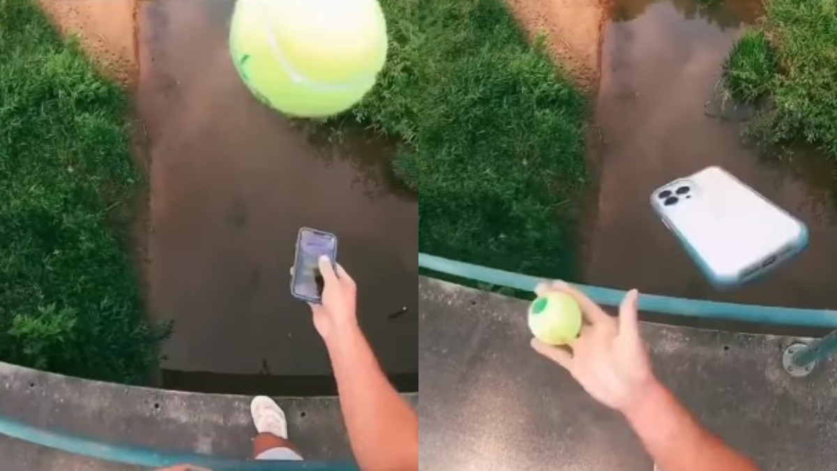 WATCH: Man juggles iPhone with tennis ball while standing on the edge of bridge; here's what happened next