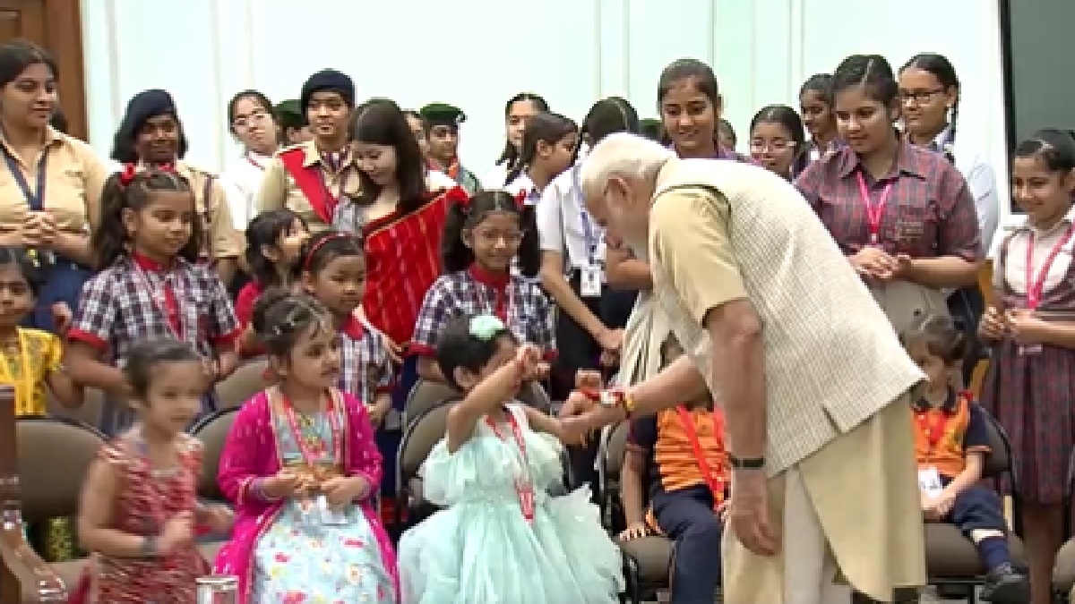 Watch Video | Schoolkids tie Rakhi to PM Modi as he greets people on auspicious occasion