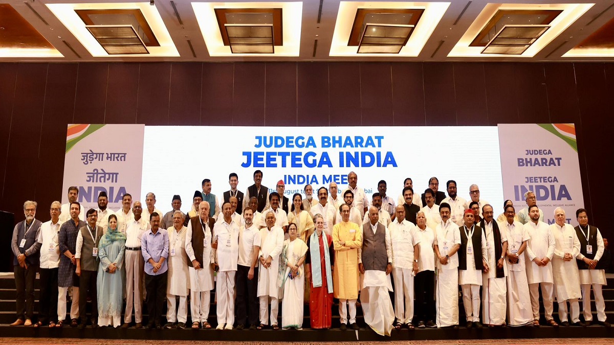 Opposition's Indian National Developmental Inclusive Alliance bloc leaders pose for a group photograph ahead of their meeting in Mumbai.