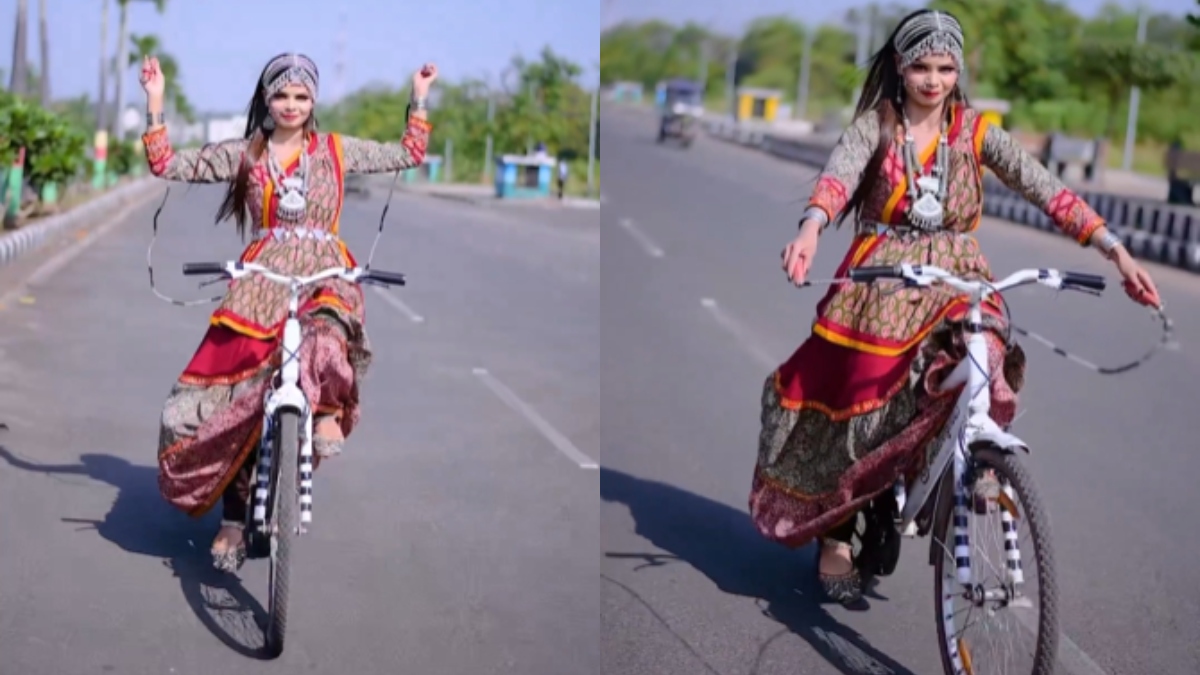 Amazing stunt: Woman in Garba costume performs skipping while riding bicycle | WATCH