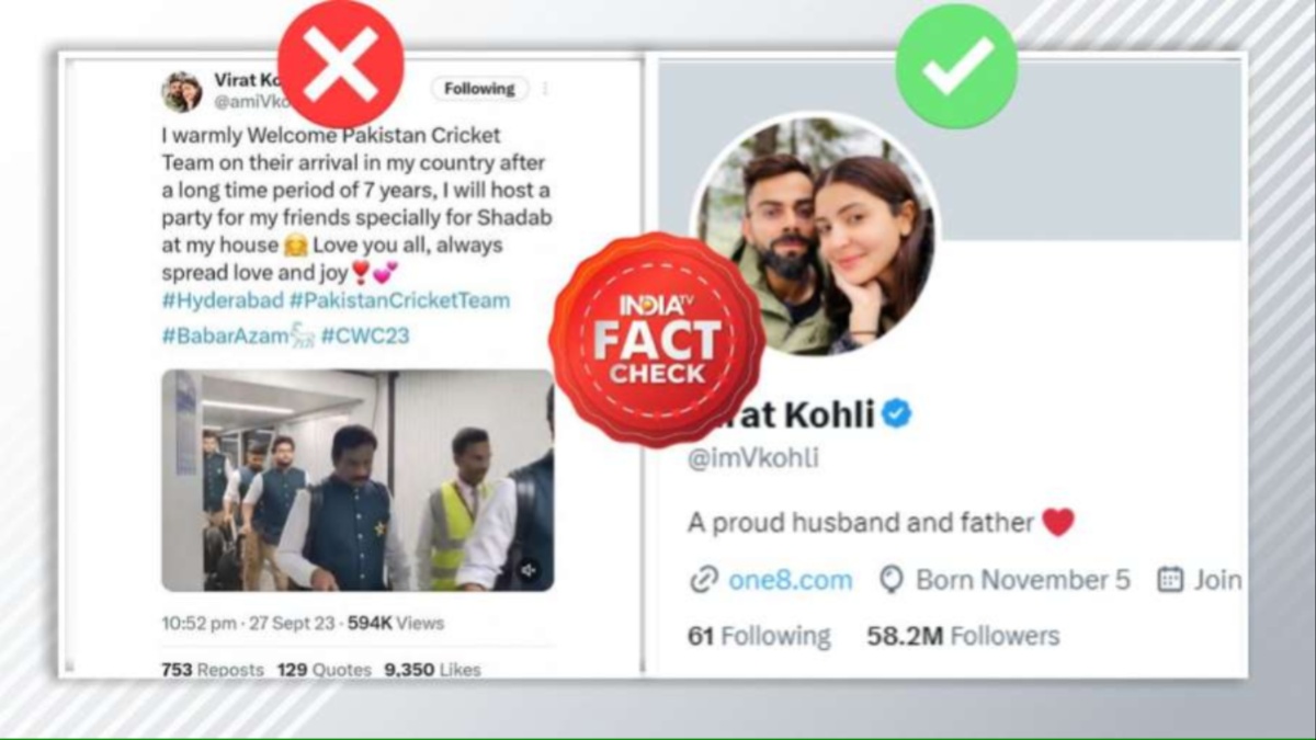 Screentshot of Virat Kohli parody account spreading false 'welcome message'