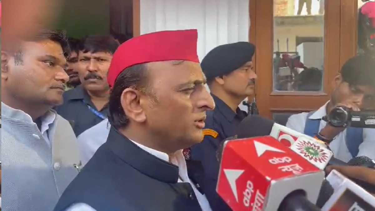 SP chief Akhilesh Yadav speaking to reporters 