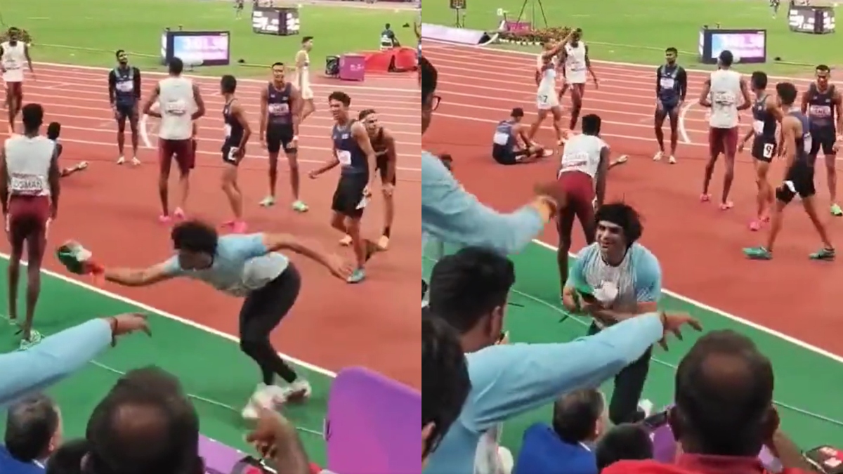 Asian Games 2023: Neeraj Chopra catches Indian flag from falling on ground, leaves netizens in awe | WATCH