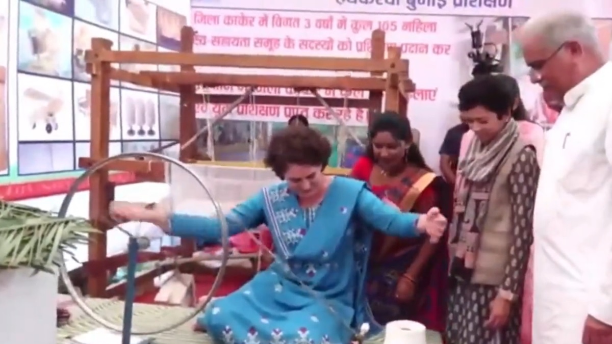 Watch video: Priyanka Gandhi tries hands on charkha during visit to poll-bound Chhattisgarh