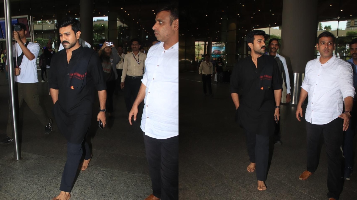 Watch: Ram Charan spotted at Mumbai airport walking barefoot, greets paparazzi with namaste