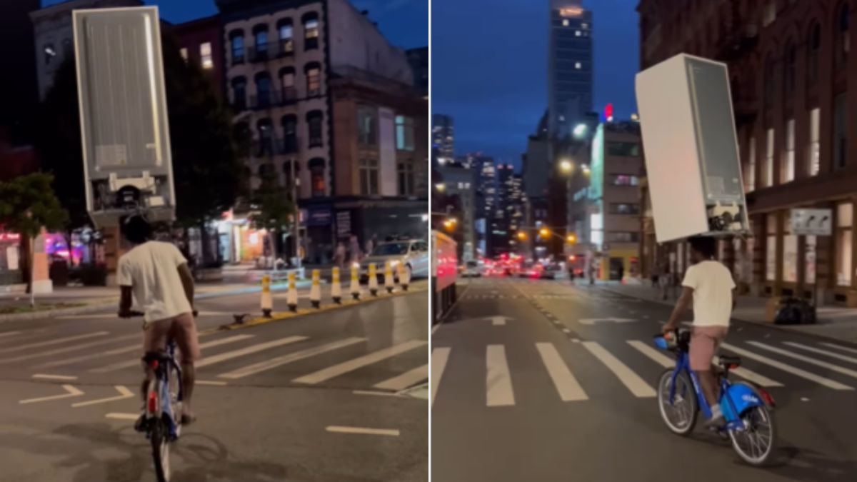 Shocking! Man carries refrigerator on head while bicycling, viral video will blow your mind