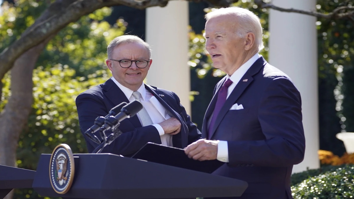 US President Joe Biden and Australia's Prime Minister Anthony Albanese hold a press conference at the White House in Washington.