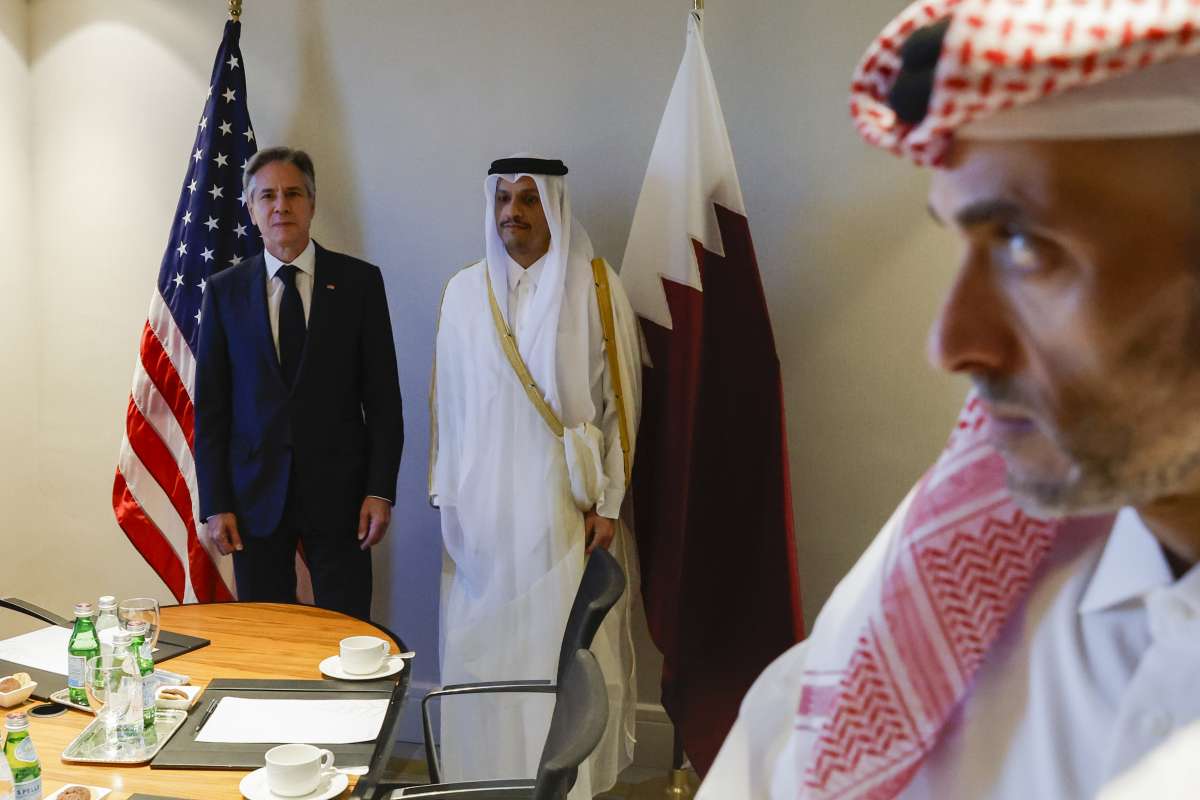 US Secretary of State Antony Blinken with Qatari Foreign Minister Mohammed bin Abdulrahman bin Jassim Al Thani in Jordan.
