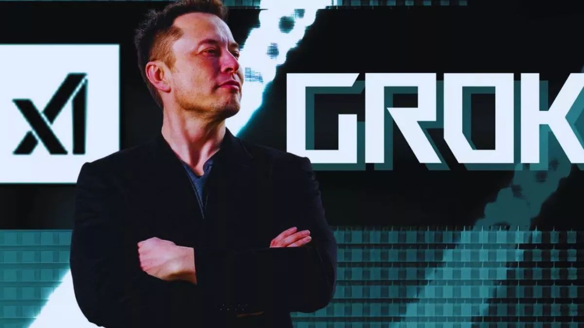 A photo of Elon Musk with the Grok logo in the background.
