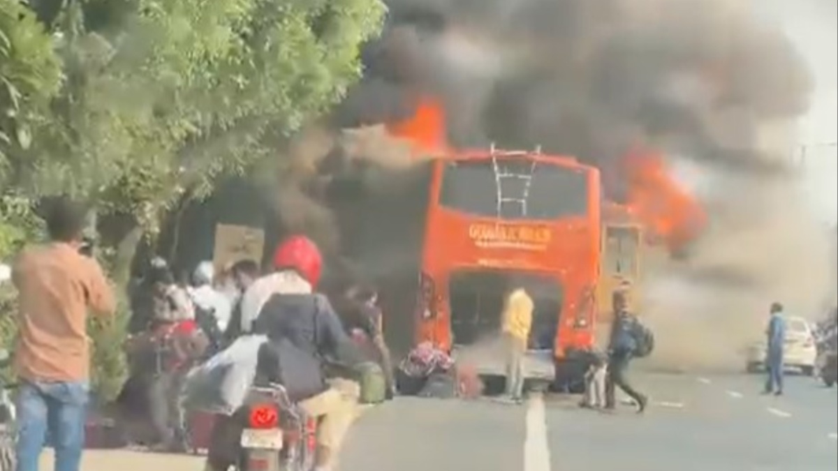 Uttar Pradesh: Double-decker bus catches fire on Noida expressway | WATCH