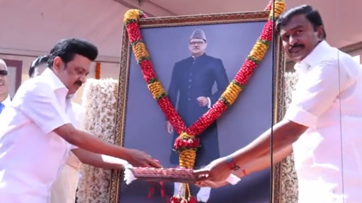 Tamil Nadu Chief Minister M K Stalin unveils a life-sized statue of former Prime Minister VP Singh at the Presidency College premises in Chennai