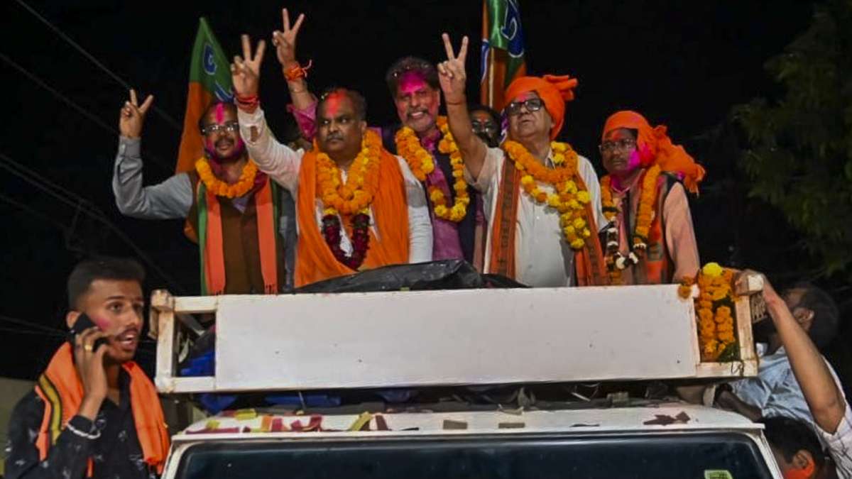 BJP candidate Kiran Singh Deo (Centre) celebrates his victory in Chhattisgarh Assembly elections, in Jagdalpur. (File photo)