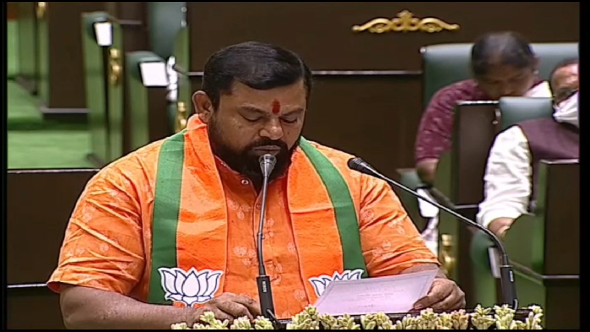 Telangana Newly Elected Bjp Mlas Who Had Boycotted Akbaruddin Owaisi As Pro Tem Speaker Take