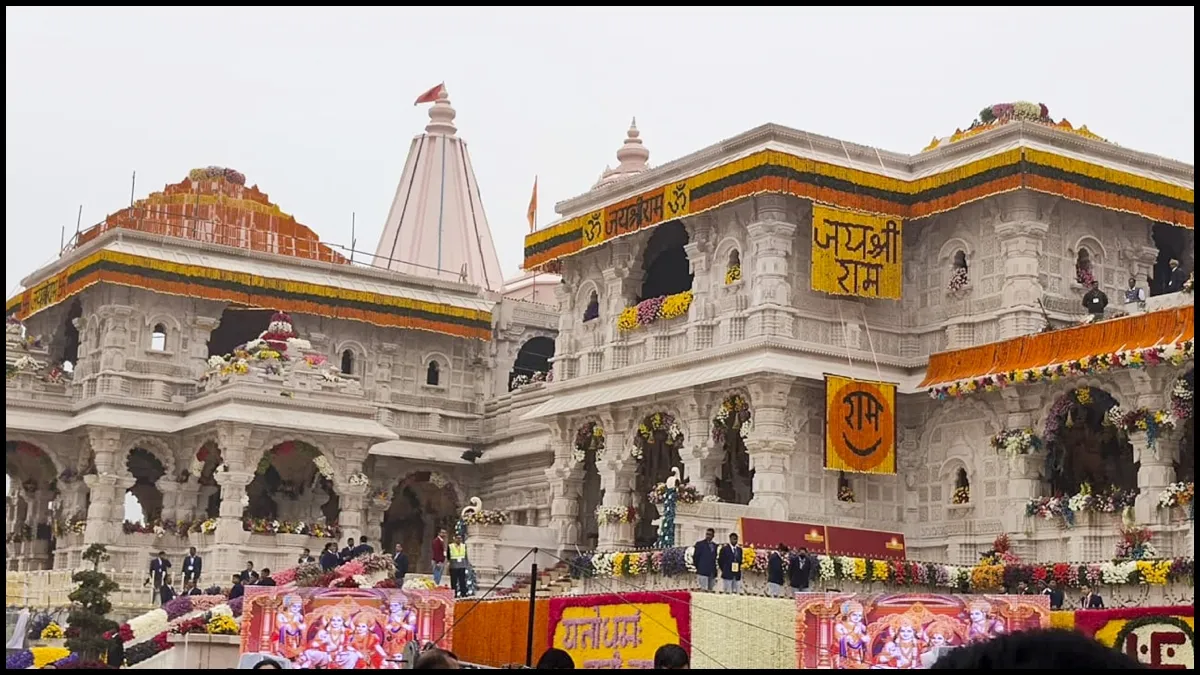 Ram Mandir decorated with flowers as part of preparations for its consecration ceremony
