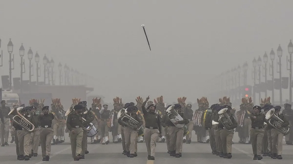 ITBP personnel during rehearsals for the upcoming Republic Day parade amid fog on a cold winter morning in New Delhi