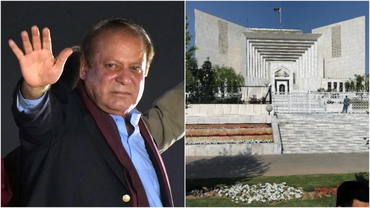 Former PM Nawaz Sharif and the Supreme Court of Pakistan building.