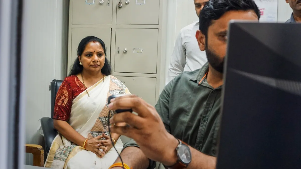 BRS MLC K Kavitha at the Enforcement Directorate (ED) office in connection with the Delhi excise policy case.