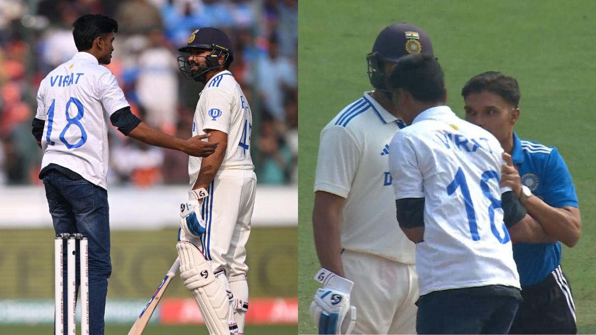 WATCH: Pitch invader wearing Virat Kohli’s jersey touches Rohit Sharma’s feet during 1st IND vs ENG Test