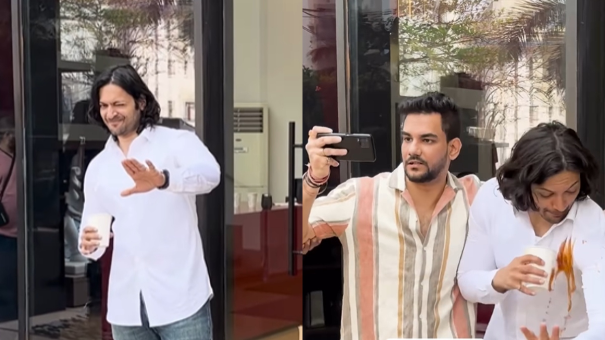 ali fazal spills coffee on his white shirt after fan pushes him to click selfie watch