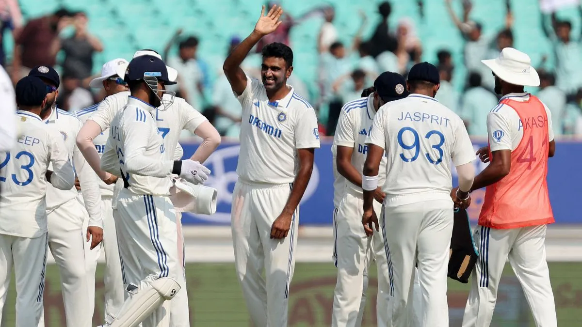 Ravichandran Ashwin celebrating his 500th Test wicket in Rajkot on February 16, 2024 Ravichandran Ashwin