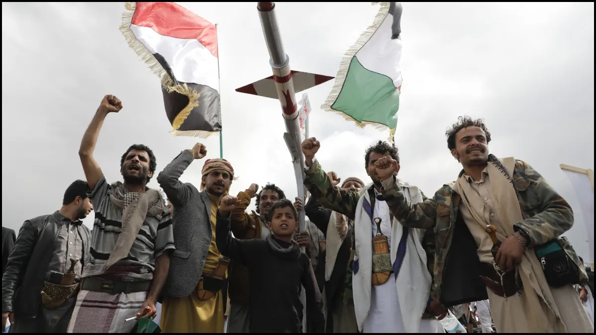 Houthi supporters attend a rally against the US airstrikes on Yemen and Israel's offensive in Gaza.