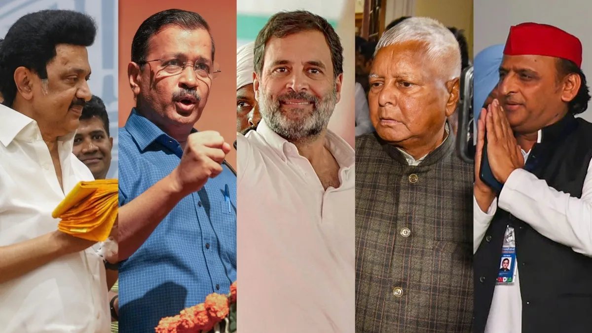 Lok Sabha Elections 2024: (From Left to Right) Tamil Nadu Chief Minister MK Stalin, Delhi CM Arvind Kejriwal, Congress leader Rahul Gandhi, RJD leader Lalu Prasad Yadav and SP chief Akhilesh Yadav. 
