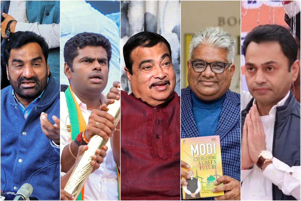 Lok Sabha Elections 2024 Phase 1: (From left to right) RLP chief Hanuman Beniwal, Tamil Nadu BJP chief K Annamalai, Union Minister and BJP leader Nitin Gadkari, Union Minister Bhupender Yadav and Congress leader Nakul Kamal Nath. 