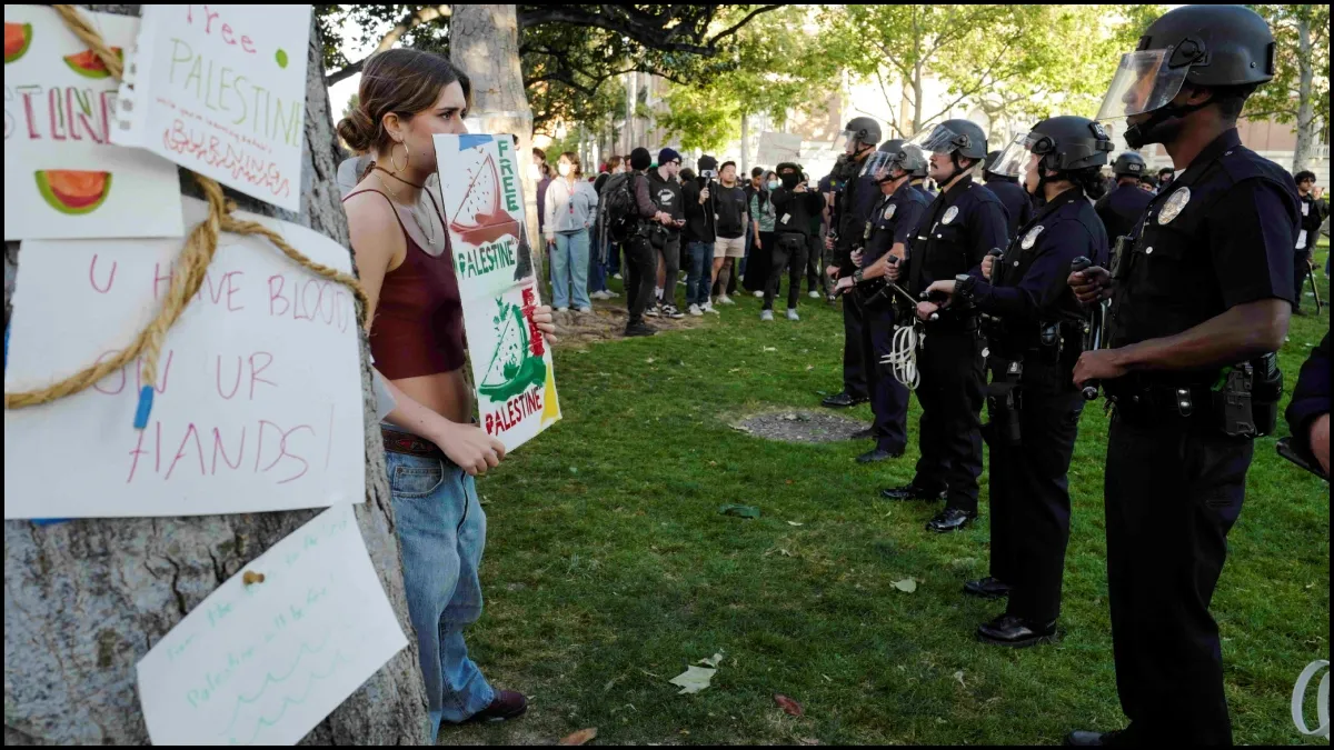 Police surround students protesting against the Israel-Hamas war at the University of Southern California.