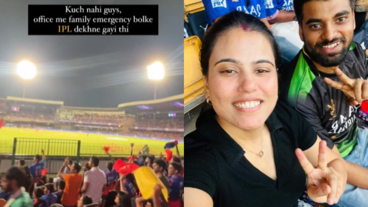 RCB fan gives ‘emergency’ excuse to leave office early, boss spots her on live TV in Bengaluru stadium | WATCH