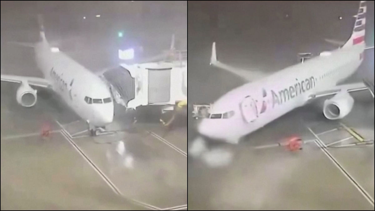 WHOOSH! American Airlines plane pushed by strong winds at Texas Airport | VIDEO