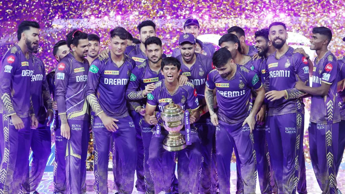 KKR players during the IPL 2024 trophy celebration in Chennai on May 26, 2024 KKR players