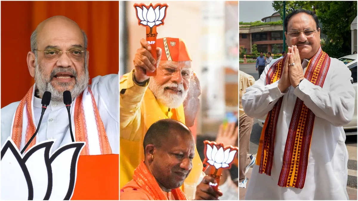 Home Minister Amit Shah, Uttar Pradesh Chief Minister Yogi Adityanath, and PM Modi.