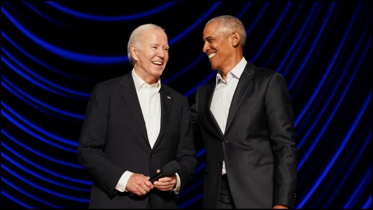 US President Joe Biden and his Democratic predecessor Barack Obama at a fundraiser in Los Angeles.